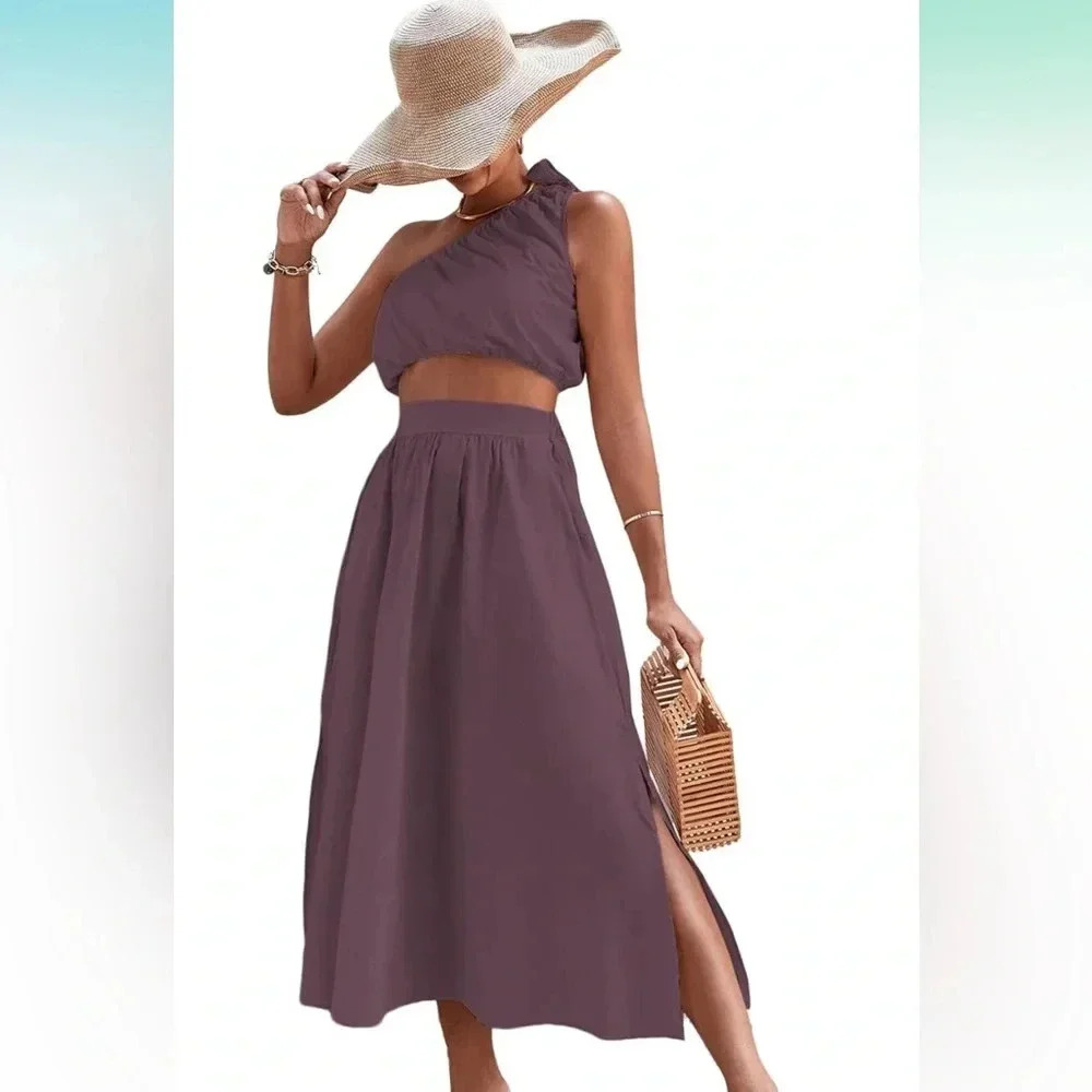 2 Piece Outfit One Shoulder Crop Top & Side Split Skirt Set with Pockets NEW